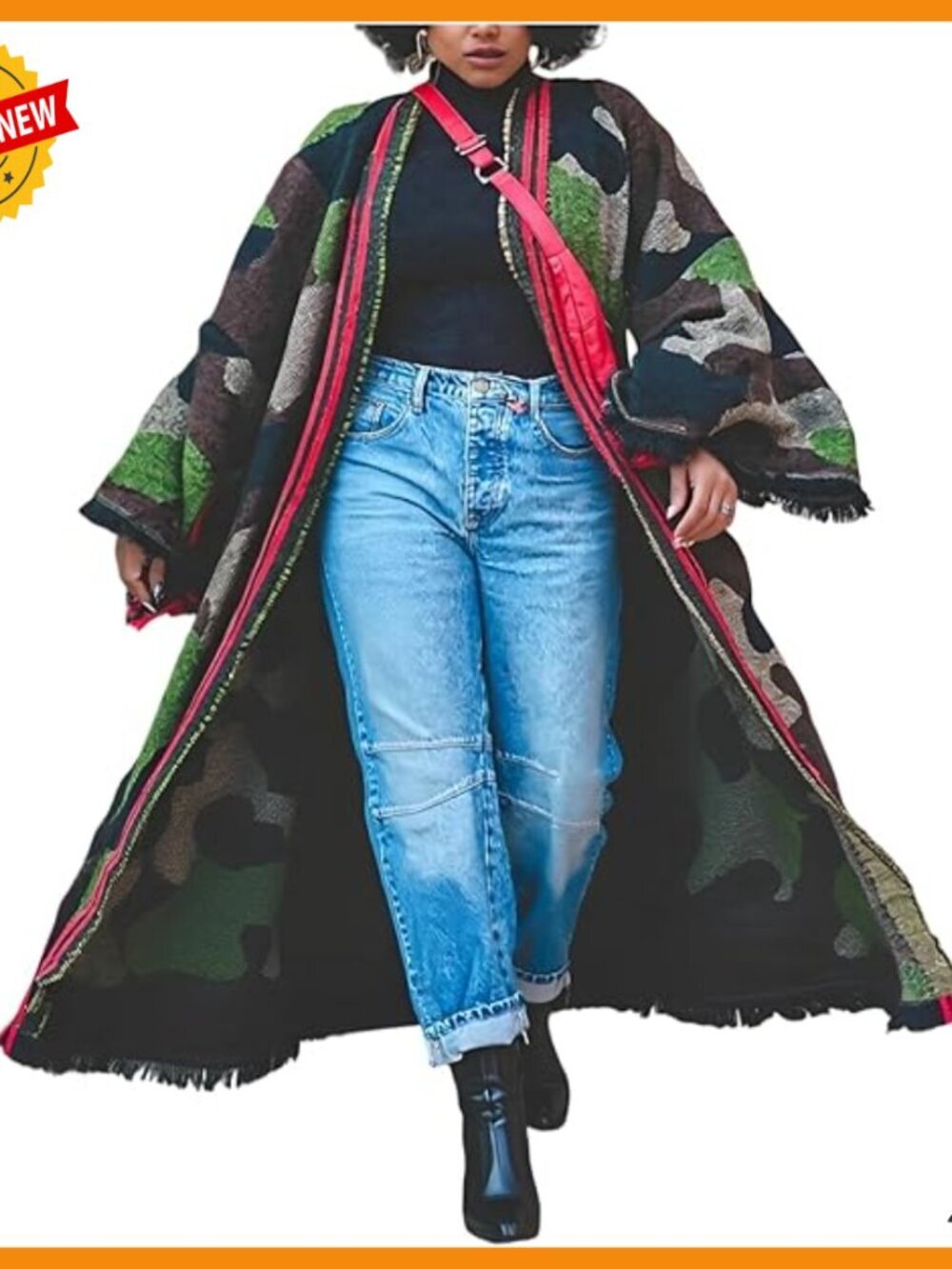 Long Open Front Cardigan Poncho Chunky Cable Knit Fringed Hem Sweater